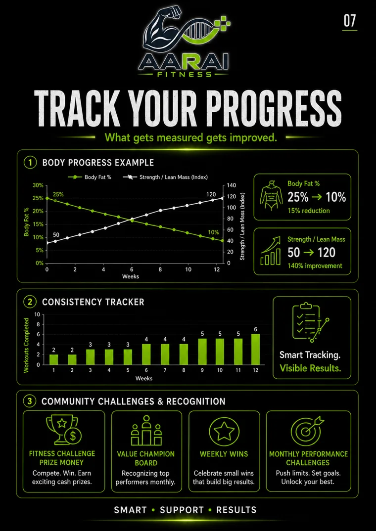 AARAI Fitness progress tracking example with body progress and consistency charts